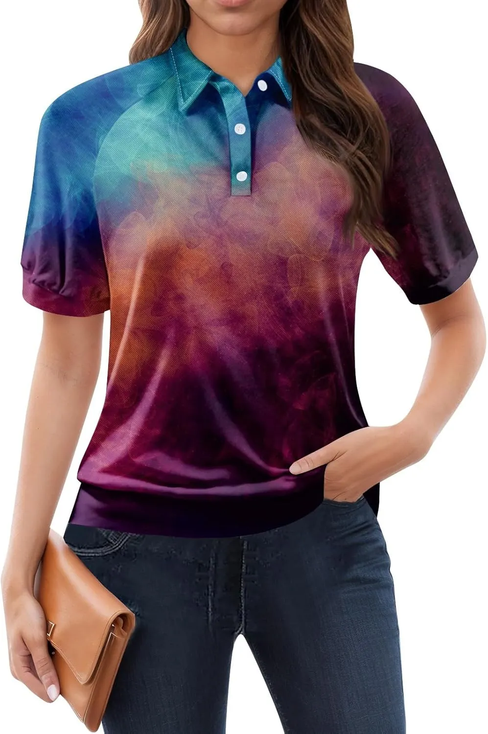 Women's Polo Shirts Womens Summer V Neck Tee Fashion Gradient Color Collar Shirts Women Short Sleeve Polo Tops