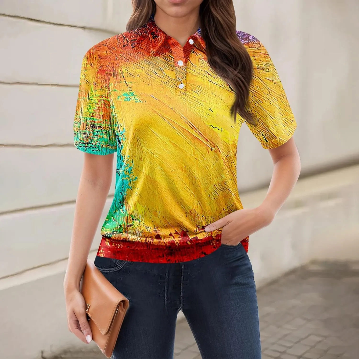 Women's Polo Shirts Womens Summer V Neck Tee Fashion Gradient Color Collar Shirts Women Short Sleeve Polo Tops
