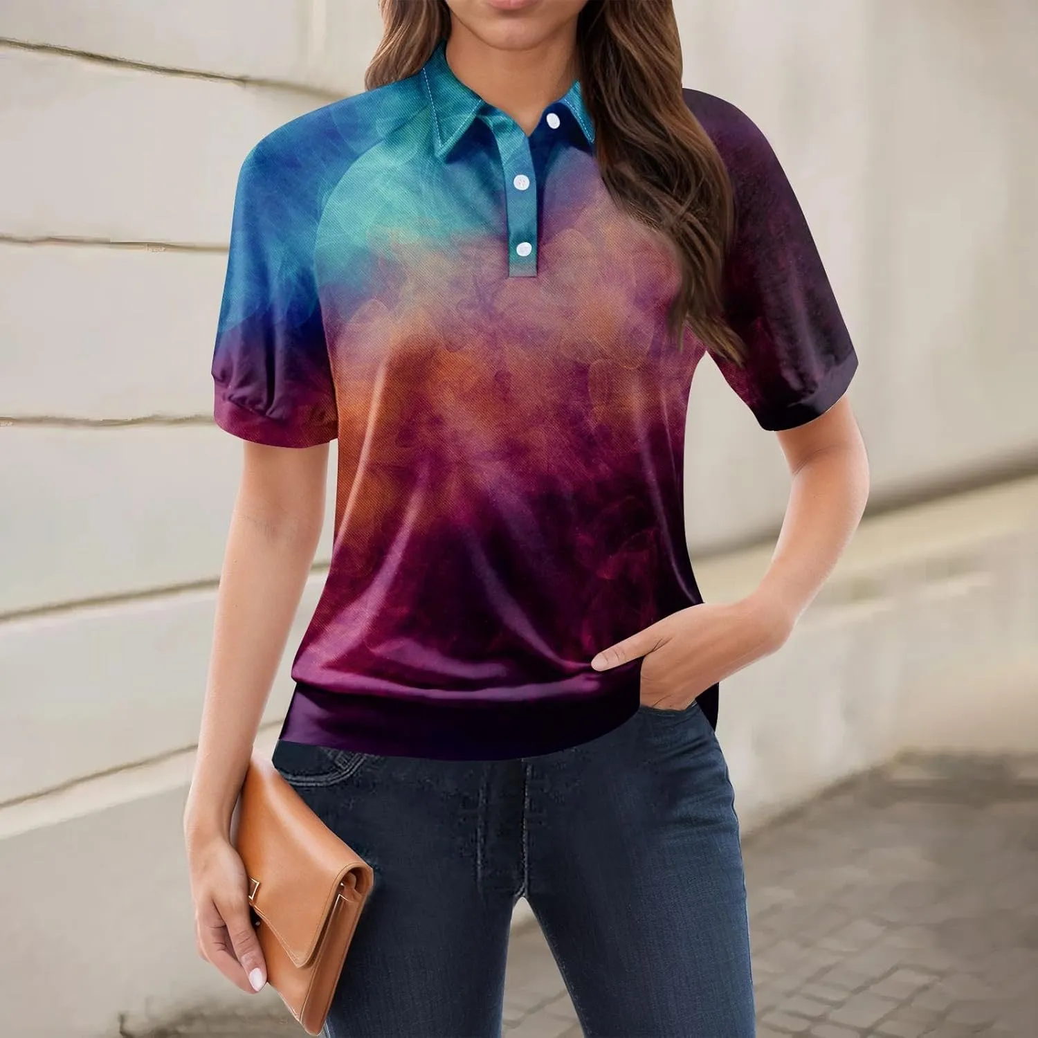 Women's Polo Shirts Womens Summer V Neck Tee Fashion Gradient Color Collar Shirts Women Short Sleeve Polo Tops