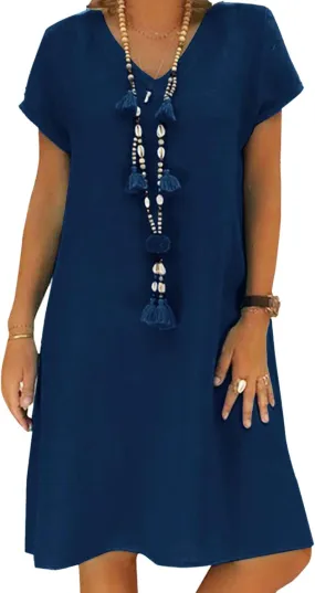 Women's Short Sleeve T Shirt Dress Casual Cotton Linen Knee-Long Dress V Neck Summer Beach Dress with Pockets