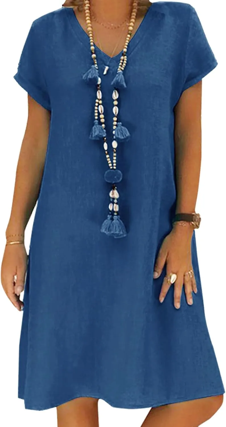 Women's Short Sleeve T Shirt Dress Casual Cotton Linen Knee-Long Dress V Neck Summer Beach Dress with Pockets