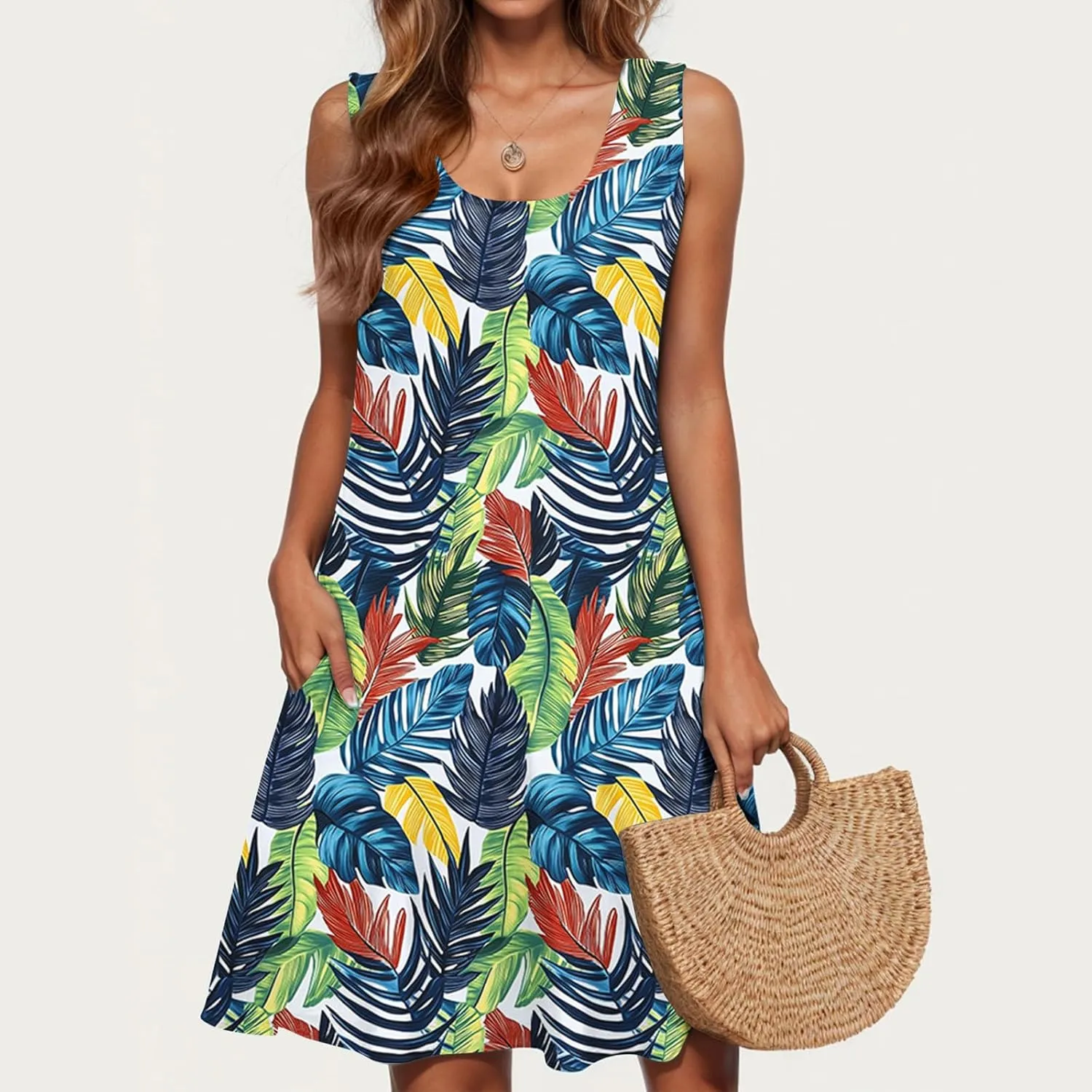 Womens Sleeveless Loose Beach Dress Boho Floral Print Sundresses Crewneck Casual Fashion Tank Dress