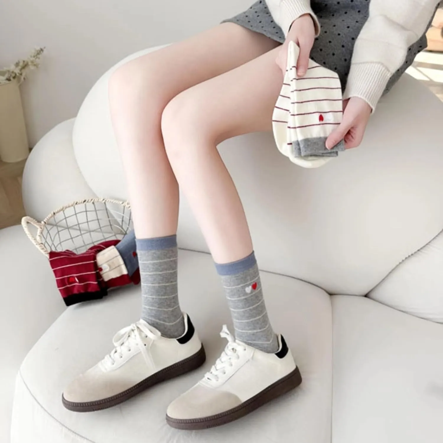 Women's Striped Socks with Heart Embroidered Pattern Cute Casual Fashion Athletic Cotton Crew Socks Fun Novelty