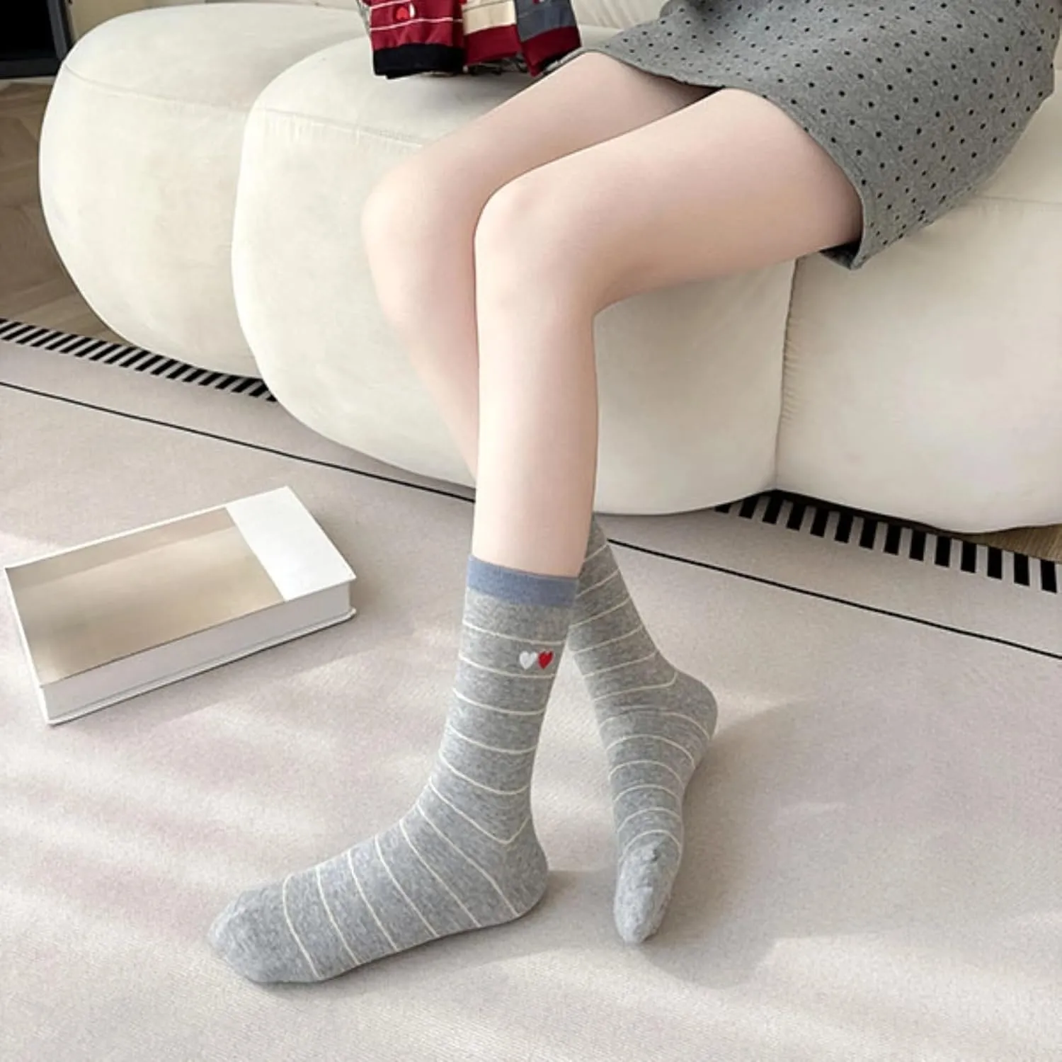 Women's Striped Socks with Heart Embroidered Pattern Cute Casual Fashion Athletic Cotton Crew Socks Fun Novelty