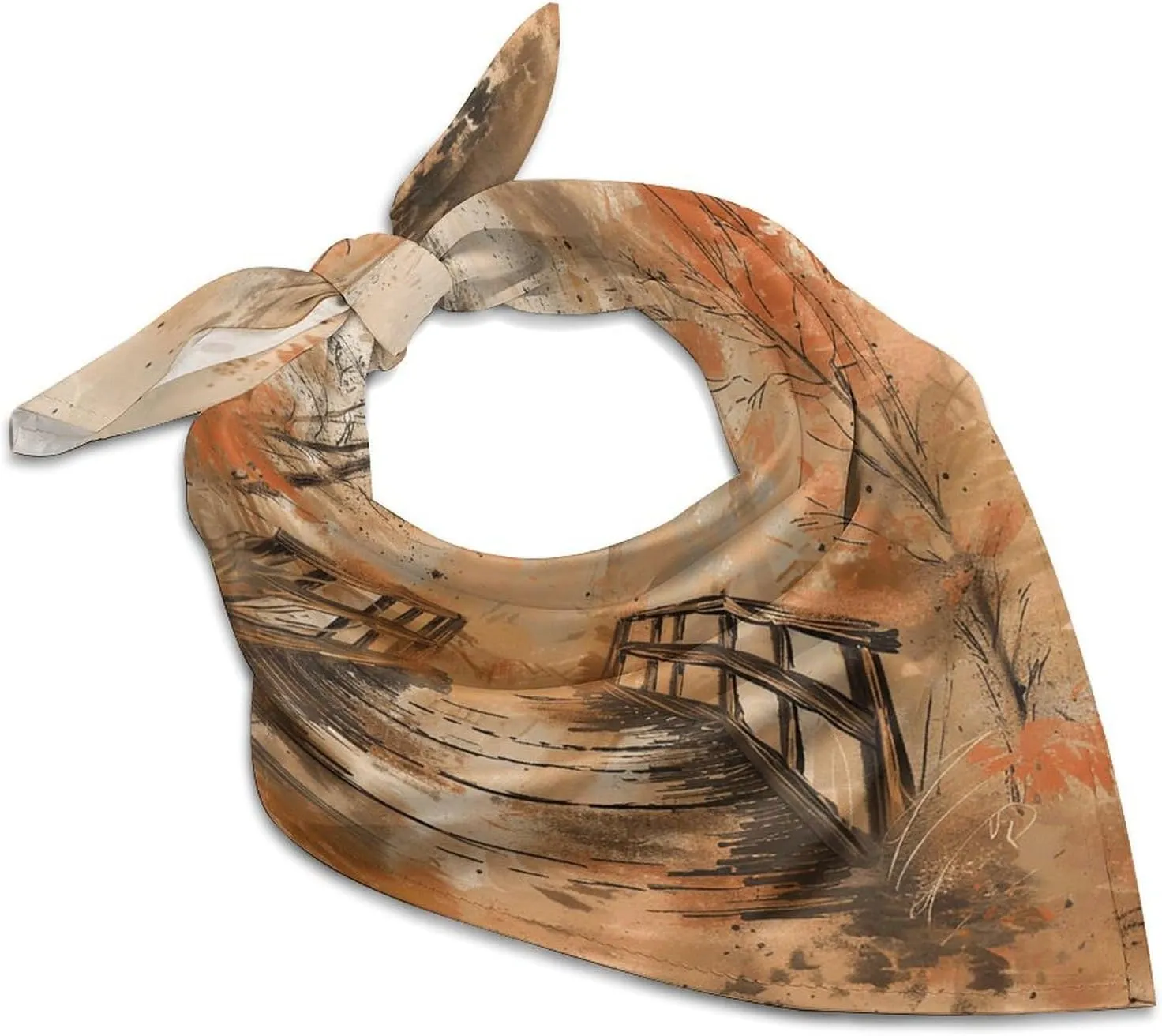 Wooden Bridge Art Silk Scarf Fashion Satin Head Scarf Lightweight Head Scarves for Neck Silk Scarves for Women Men Boho Hair Wrap Sleeping Kerchief Bandanas Pocket Square 18" X 18"